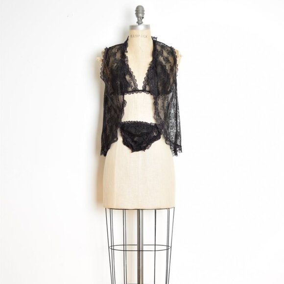 vintage 80s lingerie set sheer black lace bra panties bed jacket XS S - Picture 1 of 9